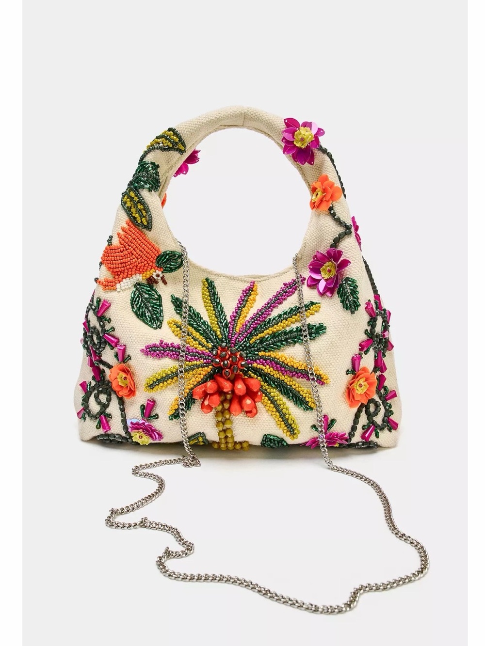 Zara Cream Shoulder Bag with Multicolor Beaded Floral Embroidery